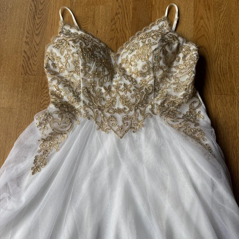 Say Yes to the Prom Dress White Gold Embellished Dress Size 17 NWT
